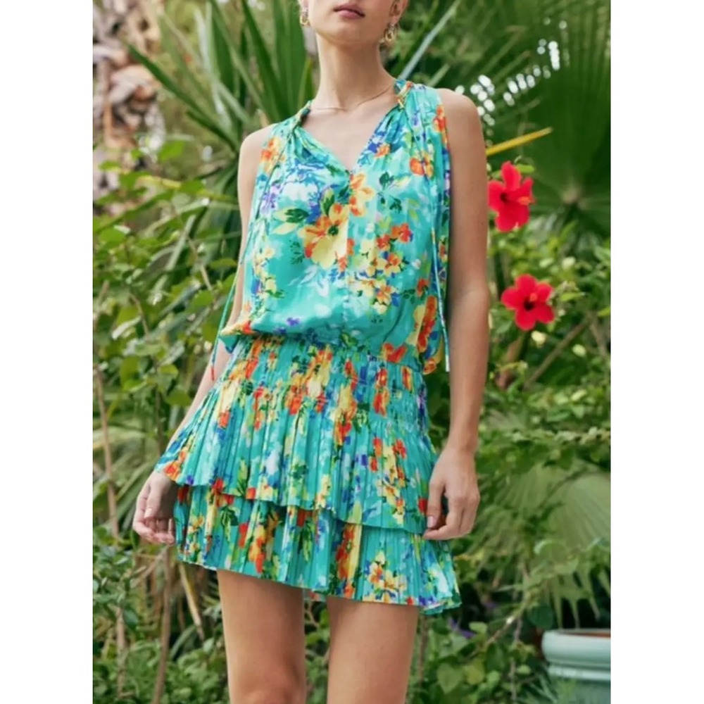 CURRENT AIR x ANTHROPOLOGIE Cara Tropical Print Pleated Mini Dress